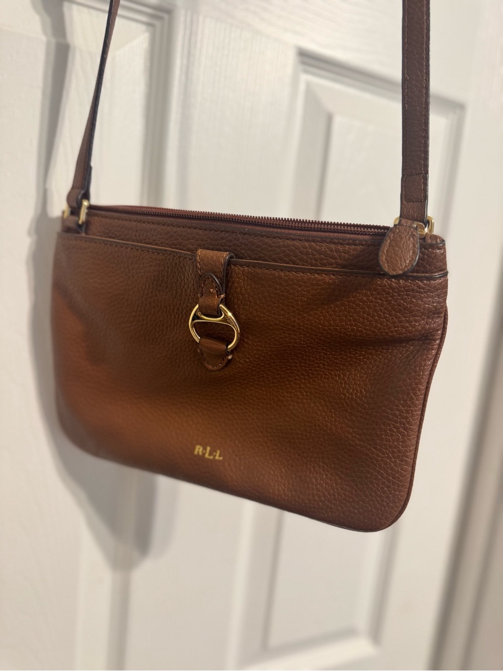Ralph Lauren Chestnut Pebbled Leather Crossbody with Gold Accent